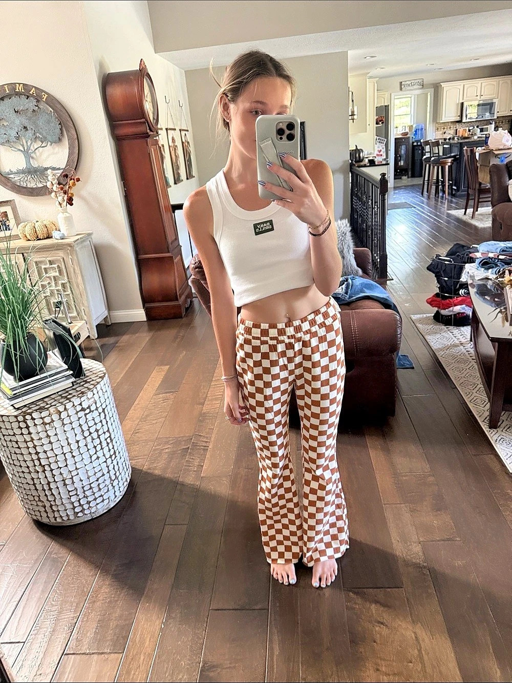 Grayson Threads Checkered Flared Lounge Sweatpants Brown & White XS